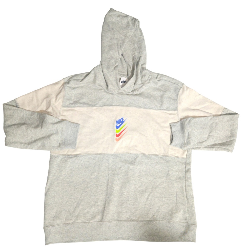 Nike Mens XL Colorblock Hoodie Grey Cream Multi Swoosh Logo Pullover Sweatshirt